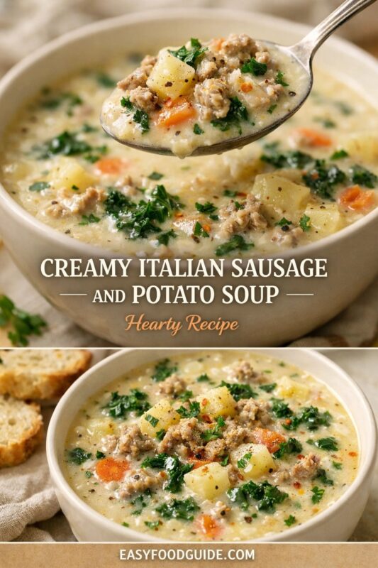 A vertical recipe graphic for a Hearty Creamy Italian Sausage and Potato Soup. The top image shows a spoonful of the soup, while the bottom displays the bowl served with bread slices. A banner reads "CREAMY ITALIAN SAUSAGE AND POTATO SOUP Hearty Recipe."