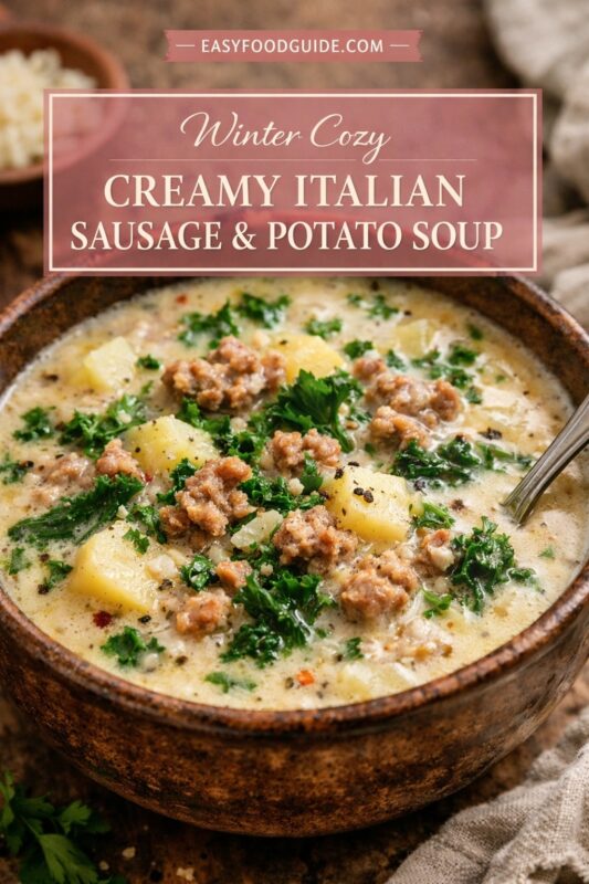 A vertical recipe graphic for a Hearty Creamy Italian Sausage and Potato Soup. The top image shows a spoonful of the soup, while the bottom displays the bowl served with bread slices. A banner reads "CREAMY ITALIAN SAUSAGE AND POTATO SOUP Hearty Recipe."