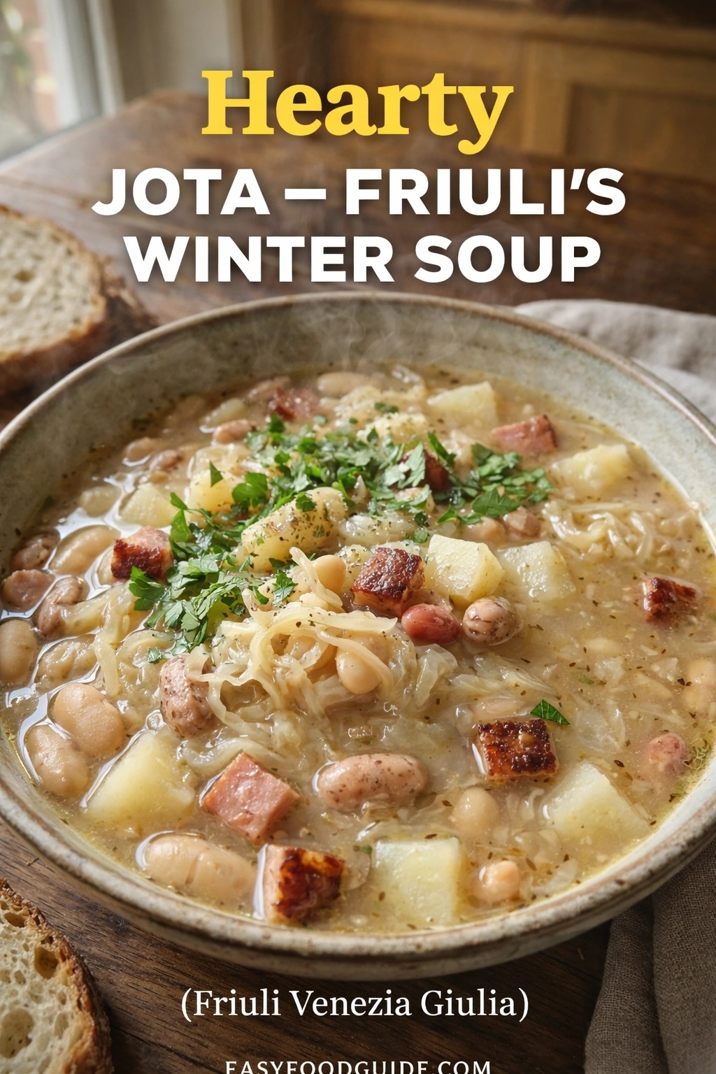A hearty Jota – Friuli’s winter soup, served in a rustic bowl. The steaming dish is filled with beans, potatoes, sauerkraut, and ham, garnished with fresh parsley. Text reads "Hearty JOTA – FRIULI’S WINTER SOUP (Friuli Venezia Giulia)," and the website "EASYFOODGUIDE.COM" is at the bottom.