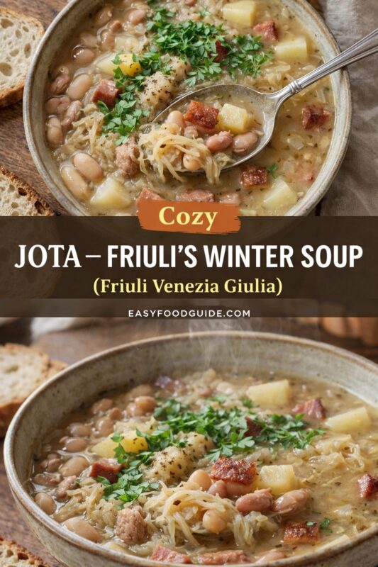 A vertical recipe graphic for a Cozy Jota – Friuli’s Winter Soup. The top and bottom images show the comforting stew in a bowl, with a spoon lifting some of the beans, potatoes, and sauerkraut. A banner reads "Cozy JOTA – FRIULI’S WINTER SOUP (Friuli Venezia Giulia)."