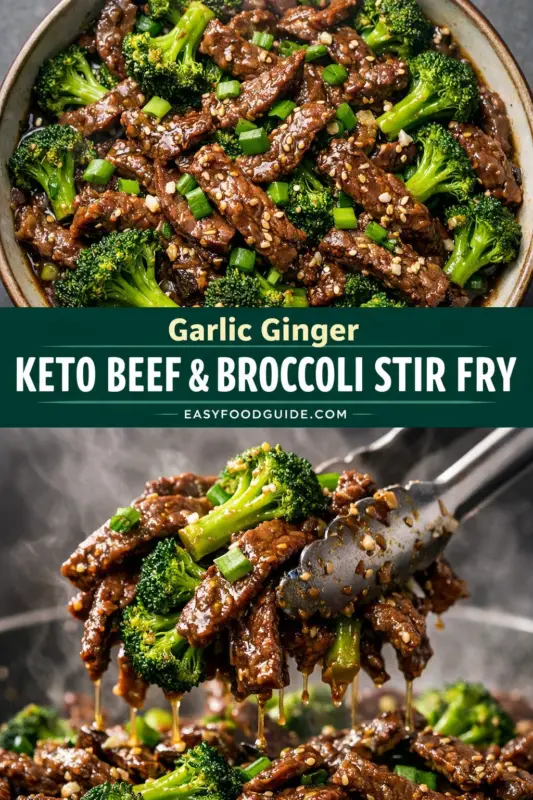 keto-beef-broccoli-stir-fry-2 a split composition showcasing a dish called "Garlic Ginger Keto Beef & Broccoli Stir Fry." The top half displays a close-up view from above of a bowl filled with the stir fry. The dish consists of sliced beef coated in a glossy sauce with bright green broccoli florets and sprinkled sesame seeds. Scallions add a pop of green, enhancing the dish's vibrant colors. The bottom half of the image features a pair of tongs lifting a portion of the stir fry, with steam visibly rising, emphasizing the dish's freshness. The glossy sauce clings to the ingredients, and more sesame seeds are seen scattered over the beef and broccoli.