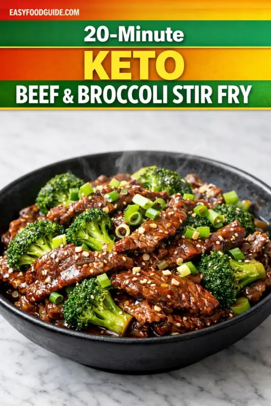 keto-beef-broccoli-stir-fry-3 a close-up of a black bowl filled with a beef and broccoli stir fry. The dish features slices of cooked beef glazed in a glossy brown sauce, interspersed with bright green broccoli florets. Finely chopped green onions and sesame seeds are sprinkled on top for garnish. Steam is visibly rising from the hot dish, enhancing its freshly cooked appearance. Above the image, there is a vibrant banner with a gradient background in warm colors.