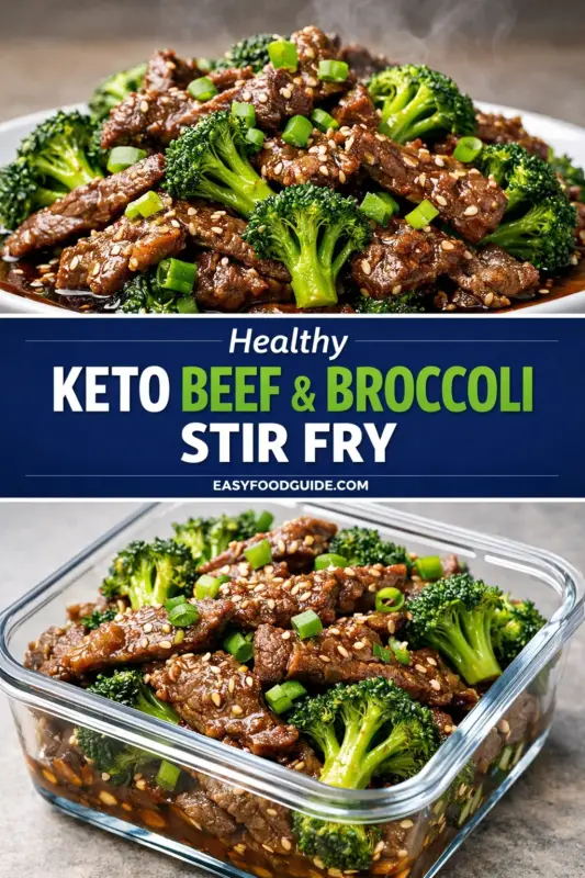 keto-beef-broccoli-stir-fry-4 The top section features a close-up of a dish containing beef and broccoli. The beef is sliced into strips, coated in a glossy sauce, and garnished with sesame seeds and chopped green onions. Bright green broccoli florets are interspersed throughout the dish, providing a vibrant contrast against the deep brown color of the beef. Steam rises from the dish, indicating it is freshly cooked. Below this, a rectangular section contains text in bold white and green, set against a dark blue background. The bottom section shows the same beef and broccoli dish in a clear rectangular glass container, showcasing the same ingredients and garnishing as in the upper section.