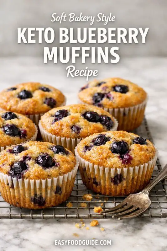 Six freshly-baked, golden-brown keto blueberry muffins in paper liners sit on a metal cooling rack over a marble surface with scattered crumbs. A vintage fork is in the foreground. Text above: 'Soft Bakery Style' (small), 'KETO BLUEBERRY MUFFINS Recipe' (large, bold). Website URL: 'EASYFOODGUIDE.COM' at the bottom.