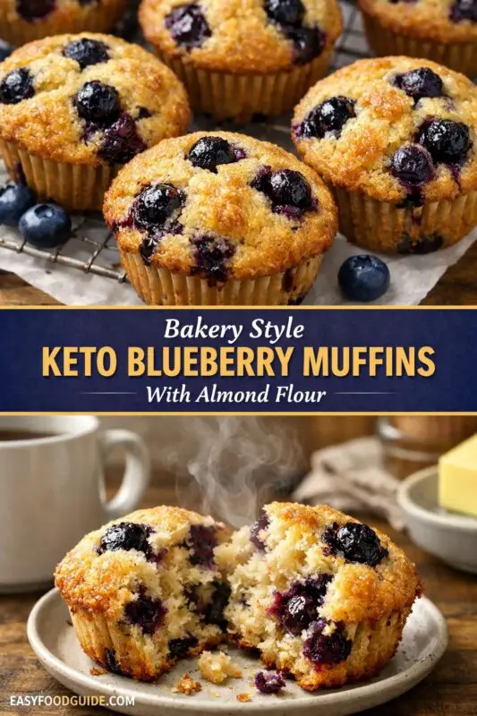 A layered promotional graphic for a keto dessert recipe. The top section features a close-up photograph of a stack of plain mini cheesecakes in white paper liners. Below this is a cream-colored text banner with gold cursive and dark teal text that reads: 'Irresistible 3-INGREDIENT KETO CHEESECAKE CUPS Dessert' and the website 'EASYFOODGUIDE.COM'. The bottom section is a photograph of six of the completed cheesecakes on a rustic white plate, now beautifully garnished with fresh raspberries, blueberries, and mint leaves.