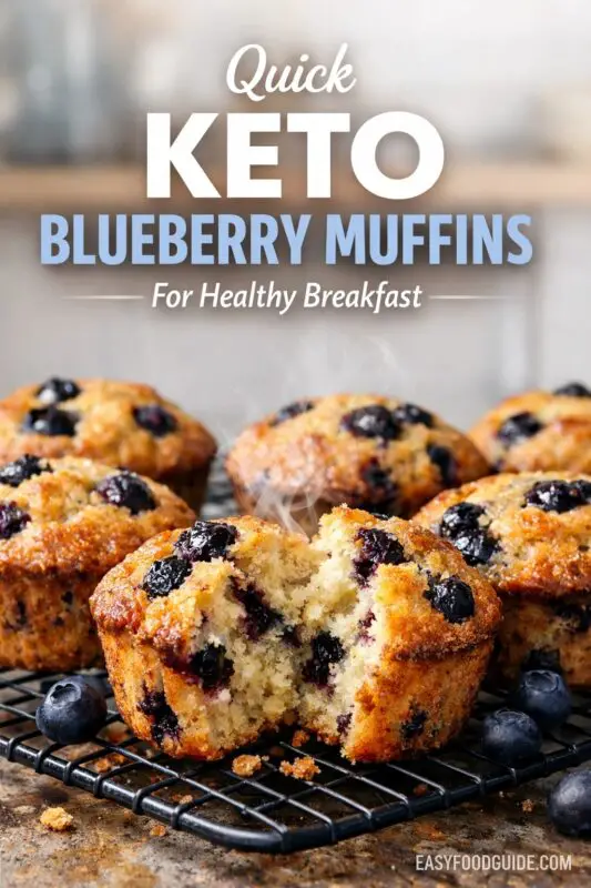 A vertical promotional image with three sections. Top: A close-up grid of plain, baked mini cheesecakes in paper liners. Middle: A text banner reading "Irresistible 3-INGREDIENT KETO CHEESECAKE CUPS Dessert" and the website "EASYFOODGUIDE.COM". Bottom: A plate of decorated cheesecakes garnished with fresh raspberries, blueberries, and mint leaves, on a rustic table with scattered berries and a gold fork.