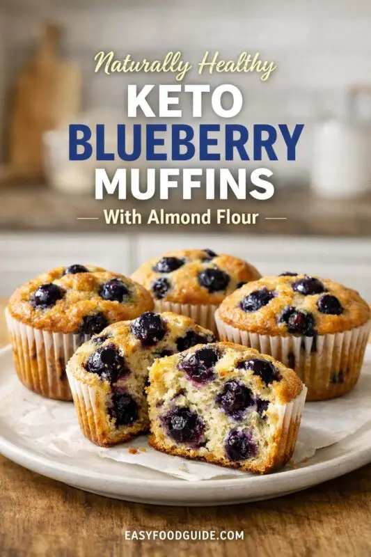 Vertical recipe collage with three sections. Top: Close-up of multiple plain mini cheesecakes in white paper liners. Middle: Decorative cream banner with text: 'Irresistible 3-INGREDIENT KETO CHEESECAKE CUPS Dessert' and 'EASYFOODGUIDE.COM'. Bottom: A white plate holds six finished cheesecakes garnished with fresh raspberries, blueberries, and mint, on a light table with a gold fork.