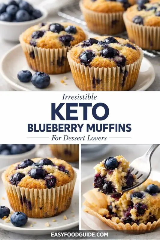 A multi-panel recipe pin graphic. The top section shows a grid of multiple plain, baked mini cheesecake cups in white paper liners. The central text banner has script and block lettering stating: "Irresistible 3-INGREDIENT KETO CHEESECAKE CUPS Dessert," with "EASYFOODGUIDE.COM" below. The bottom section shows a plate with six of the finished cheesecakes, beautifully decorated with fresh raspberries, blueberries, and mint leaves.