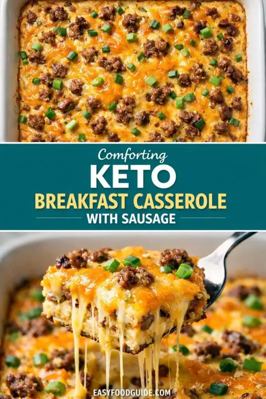 Top view of a golden-brown keto breakfast casserole with sausage, cheese, and green onions. A slice is lifted, cheese stretching, conveying warmth.