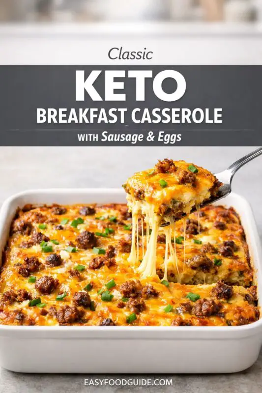 Classic Keto breakfast casserole with sausage and eggs in a white dish. A serving is lifted, showing melted cheese and crispy sausage pieces.