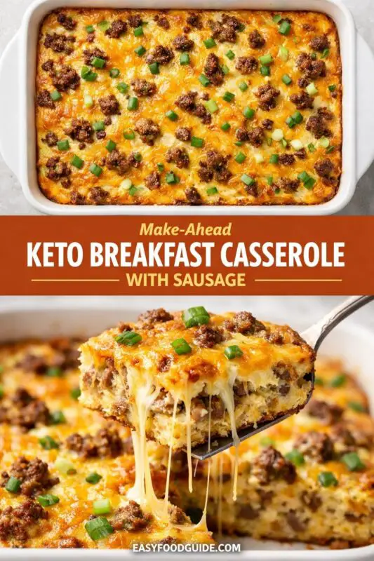 Cheesy keto breakfast casserole with sausage and green onions in a white dish, with a slice being lifted, showing melted cheese. Delicious and savory.