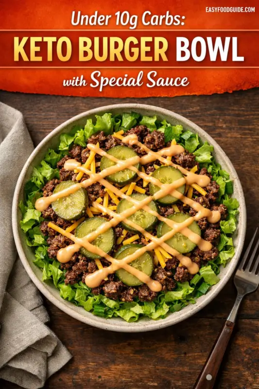 Gemini said A top-down view of a keto burger bowl in a speckled ceramic bowl, featuring ground beef, shredded cheddar cheese, dill pickle slices, and a drizzle of creamy special sauce over chopped lettuce, set on a rustic wooden table with a napkin and fork.
