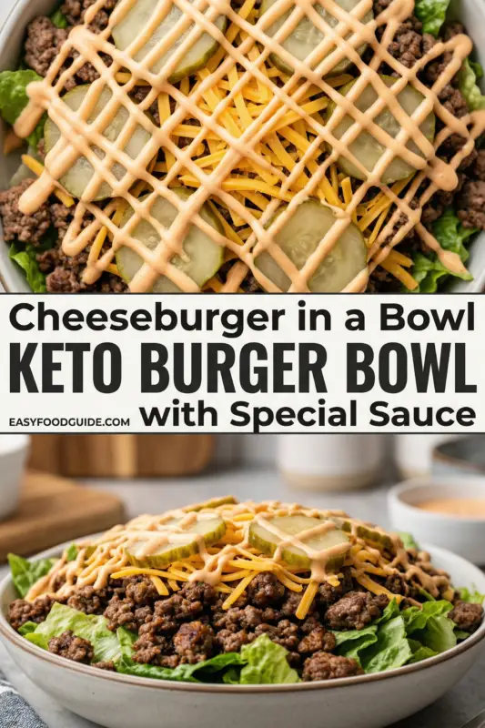 keto-burger-bowl-2 A top-down photograph of a colorful low-carb meal in a ceramic bowl on a wooden table. The bowl is filled with chopped lettuce, seasoned ground beef, shredded cheddar cheese, sliced pickles, and a cross-hatch drizzle of special sauce. Above the food, an orange banner reads "Under 10g Carbs: KETO BURGER BOWL with Special Sauce." The web address easyfoodguide.com is in the corner. A fork and napkin are placed beside the bowl.