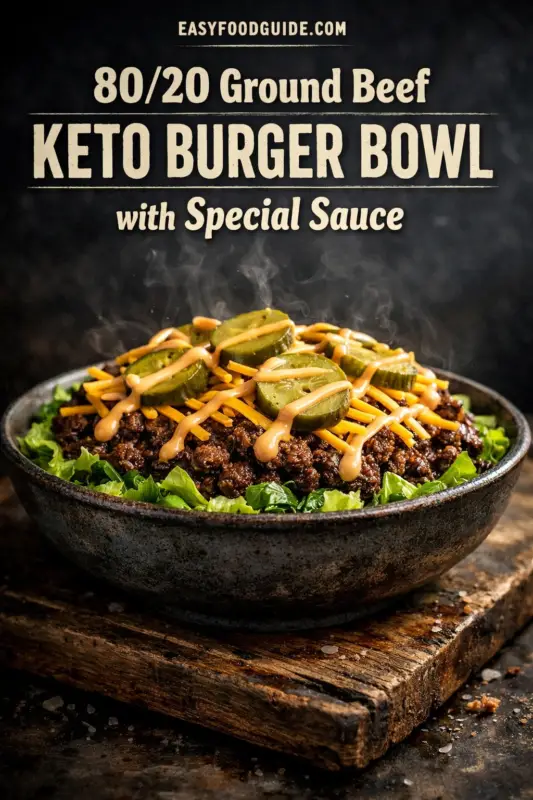 keto-burger-bowl-3-used Gemini said
An overhead photograph of a keto burger bowl in a speckled ceramic bowl on a rustic dark wooden table with a napkin and fork. Above the bowl is a large orange banner with text in white. The text on the banner reads, "Under 10g Carbs: KETO BURGER BOWL with Special Sauce". The website easyfoodguide.com is in the top right corner. The bowl is filled with shredded green lettuce, ground beef, shredded cheddar cheese, circular pickle slices, and a lattice drizzle of creamy special sauce.