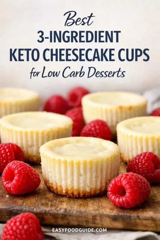A collection of three Keto recipe images from EasyFoodGuide.com. The first two images are different stylings of the same dish: One-Pan Keto Garlic Butter Shrimp, showing cooked shrimp in a garlic-butter sauce in a cast iron skillet, sometimes with lemon wedges. Text reads 'Keto Garlic Butter Shrimp Dinner'. The third image displays multiple mini 3-ingredient Keto Cheesecake Cups on a wooden board with fresh raspberries. Text reads 'Keto Cheesecake Cups for Low Carb Desserts'.