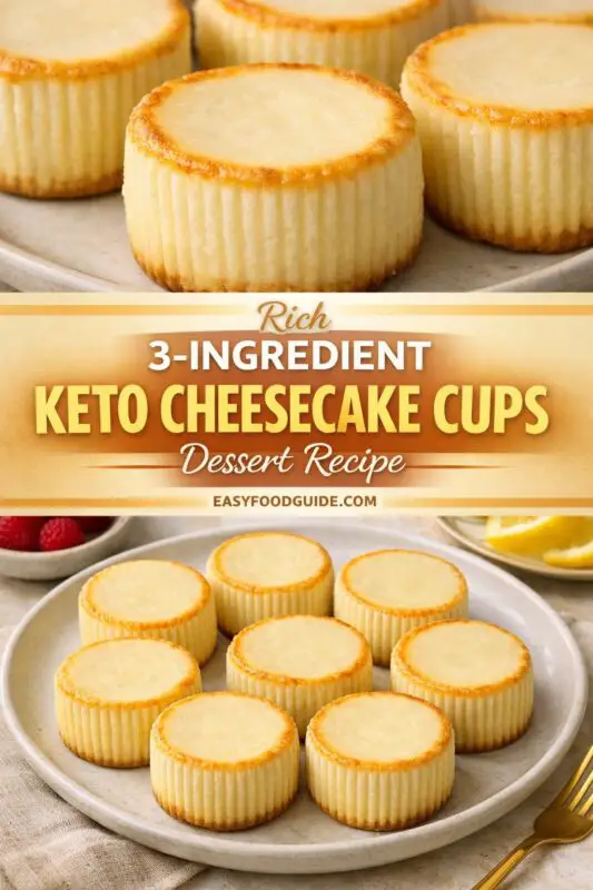 A collection of three Keto recipe images from EasyFoodGuide.com. The first two images are different stylings of the same dish: One-Pan Keto Garlic Butter Shrimp, showing cooked shrimp in a garlic-butter sauce in a cast iron skillet, sometimes with lemon wedges. Text reads 'Keto Garlic Butter Shrimp Dinner'. The third image displays multiple mini 3-ingredient Keto Cheesecake Cups on a wooden board with fresh raspberries. Text reads 'Keto Cheesecake Cups for Low Carb Desserts'.