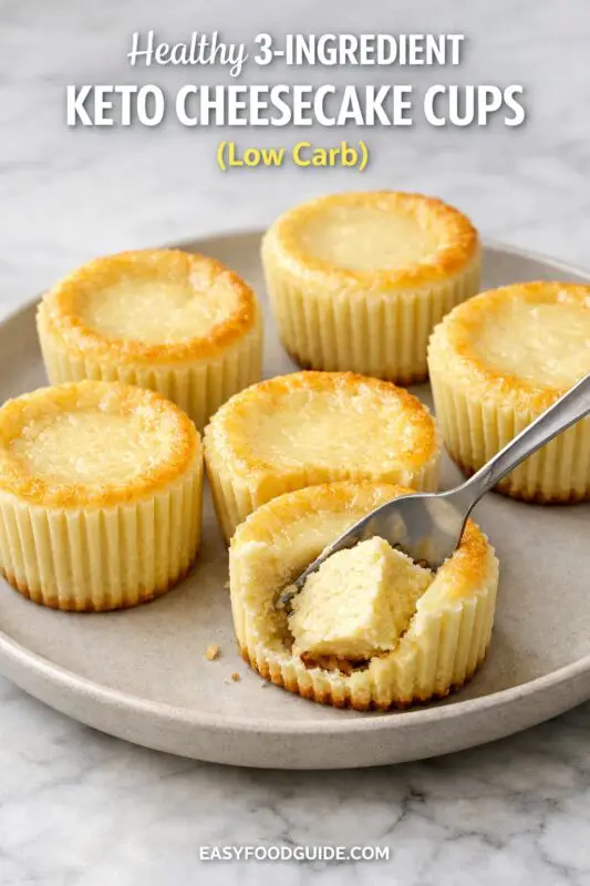 A collection of three keto recipe posters from easyfoodguide.com. The first two feature cooked garlic butter shrimp in a skillet, with titles like "One-Pan Keto Garlic Butter Shrimp for Quick Dinners." The third poster displays mini 3-ingredient keto cheesecake cups with fresh raspberries, titled "Best 3-Ingredient Keto Cheesecake Cups for Low Carb Desserts." The website URL is visible on each poster.