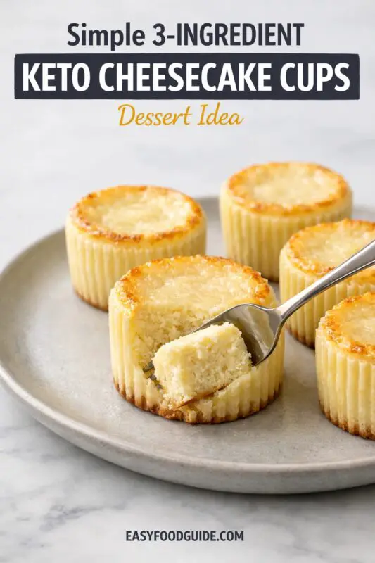 A collection of three keto recipe posters from easyfoodguide.com. The first two feature cooked garlic butter shrimp in a skillet, with titles like "Healthy One-Pan Keto Garlic Butter Shrimp Dinner." The third poster displays mini 3-ingredient keto cheesecake cups with fresh raspberries, titled "Best 3-Ingredient Keto Cheesecake Cups for Low Carb Desserts." The website URL is visible on each poster.