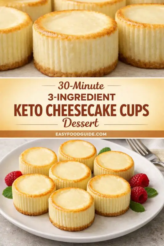 A vertical collage featuring two panels. The top panel is a close-up of a single cooked shrimp in garlic butter sauce. The bottom panel shows several shrimp simmering in a cast-iron skillet. Sandwiched between the panels is a title with the text: "30-Minute 3-Ingredient KETO CHEESECAKE CUPS Dessert". The overall combination creates an unusual juxtaposition of savory and sweet dish descriptions.