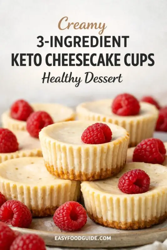 A vertical recipe infographic with a two-part collage. The top shows a macro close-up of a single cooked tail-on shrimp glistening with lemon garlic butter. A central textured banner reads 'Healthy One-Pan KETO LEMON GARLIC BUTTER SHRIMP Dinner – for Quick Dinners –' and 'EASYFOODGUIDE.COM'. The bottom shows a black skillet full of identical steaming, garlic-herb-covered shrimp with two lemon halves. Dark, textured background.
