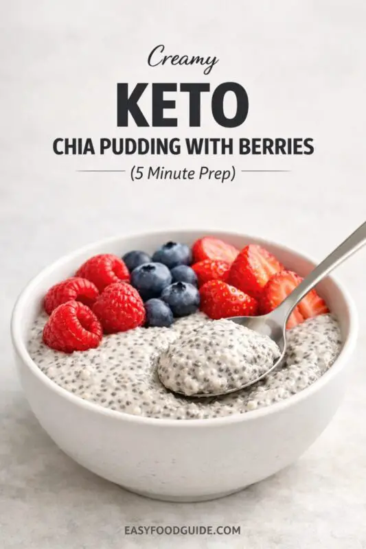 Bowl of creamy chia pudding topped with fresh raspberries, blueberries, and strawberries. A spoon scoops the pudding. Text reads: "Creamy Keto Chia Pudding with Berries (5 Minute Prep)."