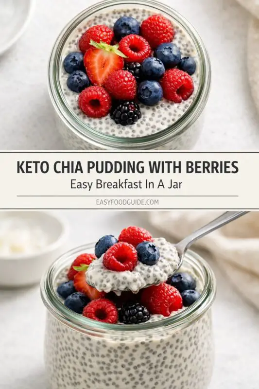 A jar of keto chia pudding topped with vibrant strawberries, raspberries, blueberries, and blackberries. A spoon lifts a portion, showcasing a creamy texture.