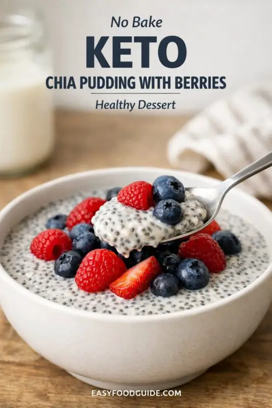 Bowl of creamy chia pudding topped with fresh blueberries and raspberries. A spoon scoops a portion. Text above reads, "No Bake Keto Chia Pudding with Berries."