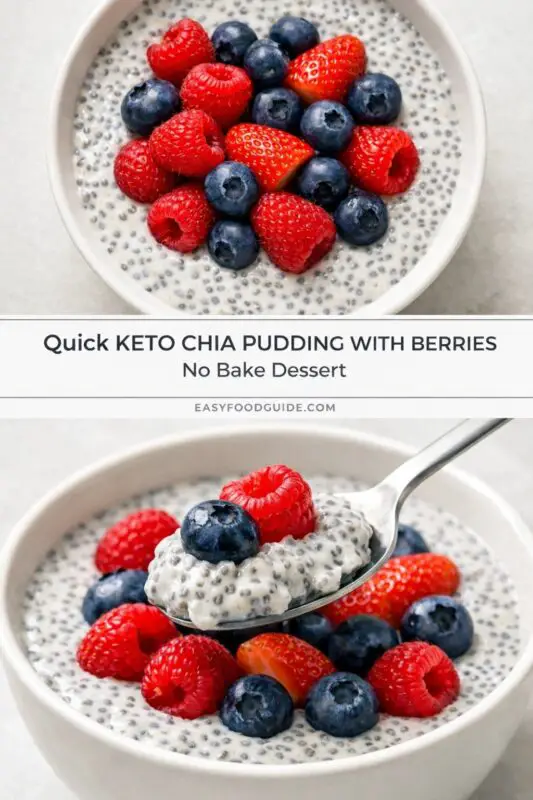 Bowl of chia pudding topped with raspberries, blueberries, and strawberries. A spoon lifts a bite. Text reads "Quick KETO CHIA PUDDING WITH BERRIES."