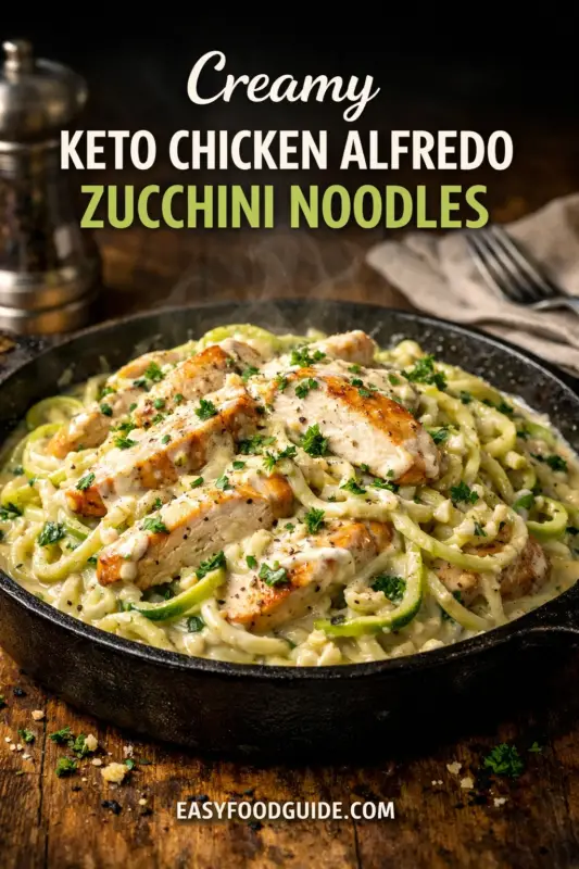 A close-up photograph of a black cast-iron skillet filled with creamy zucchini noodles and sliced grilled chicken breast. Sprinkled chopped parsley and black pepper garnish the top. The skillet sits on a rustic wooden table with a silver pepper grinder and a fork in the background. White and yellow text at the top reads "Creamy KETO CHICKEN ALFREDO ZUCCHINI NOODLES," and "EASYFOODGUIDE.COM" is at the bottom. The food is visibly steaming.