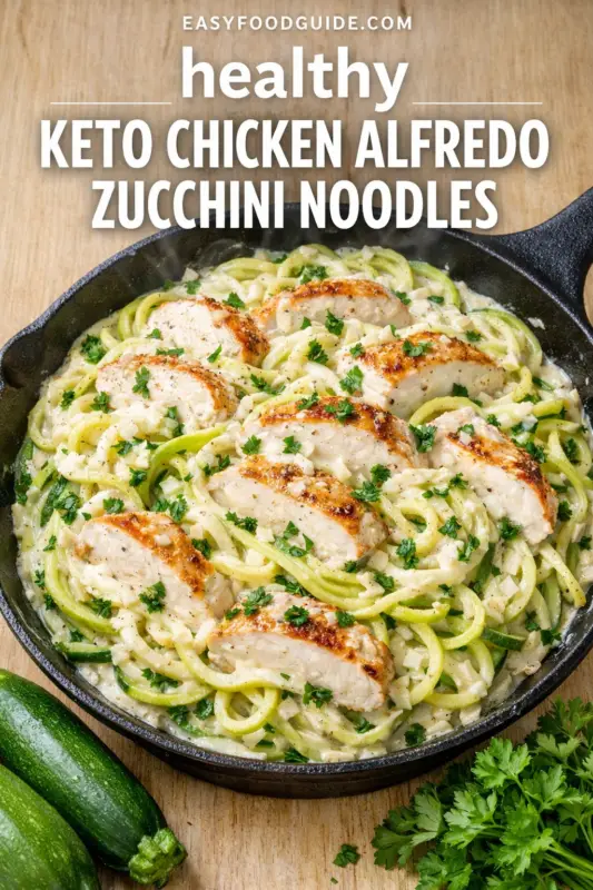 An overhead photograph features a cast-iron skillet filled with Keto Chicken Alfredo Zucchini Noodles. Sliced, grilled chicken breast pieces are nestled on top of pale green spiralized zucchini noodles in a creamy sauce, garnished with fresh chopped parsley. Above the pan, text reads 'EASYFOODGUIDE.COM healthy KETO CHICKEN ALFREDO ZUCCHINI NOODLES'. A bunch of fresh parsley and two whole zucchinis rest on the wooden surface next to the skillet.
