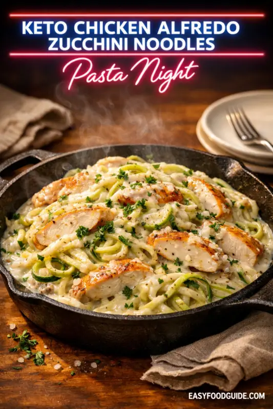 A cast-iron skillet holds a steaming Keto Chicken Alfredo with zucchini noodles and seared chicken, garnished with parsley. It's on a rustic wooden table with plates and a napkin. Text overlays read "KETO CHICKEN ALFREDO ZUCCHINI NOODLES" in blue and "Pasta Night" in red-pink neon script, plus "EASYFOODGUIDE.COM" at the bottom right.