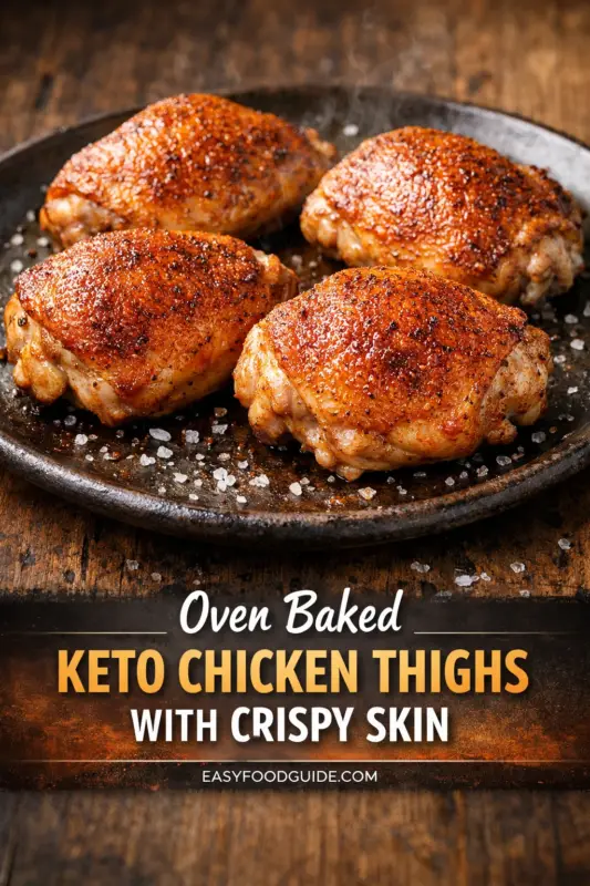 A photograph shows four oven-baked chicken thighs with incredibly crispy, spiced, golden-brown skin, resting on a rustic cast-iron plate. Steam rises from the hot food, set against a dark distressed wood background with scattered coarse salt crystals. Below the chicken, a text overlay on a fiery texture identifies the recipe: 'Oven Baked KETO CHICKEN THIGHS WITH CRISPY SKIN' and 'EASYFOODGUIDE.COM'.