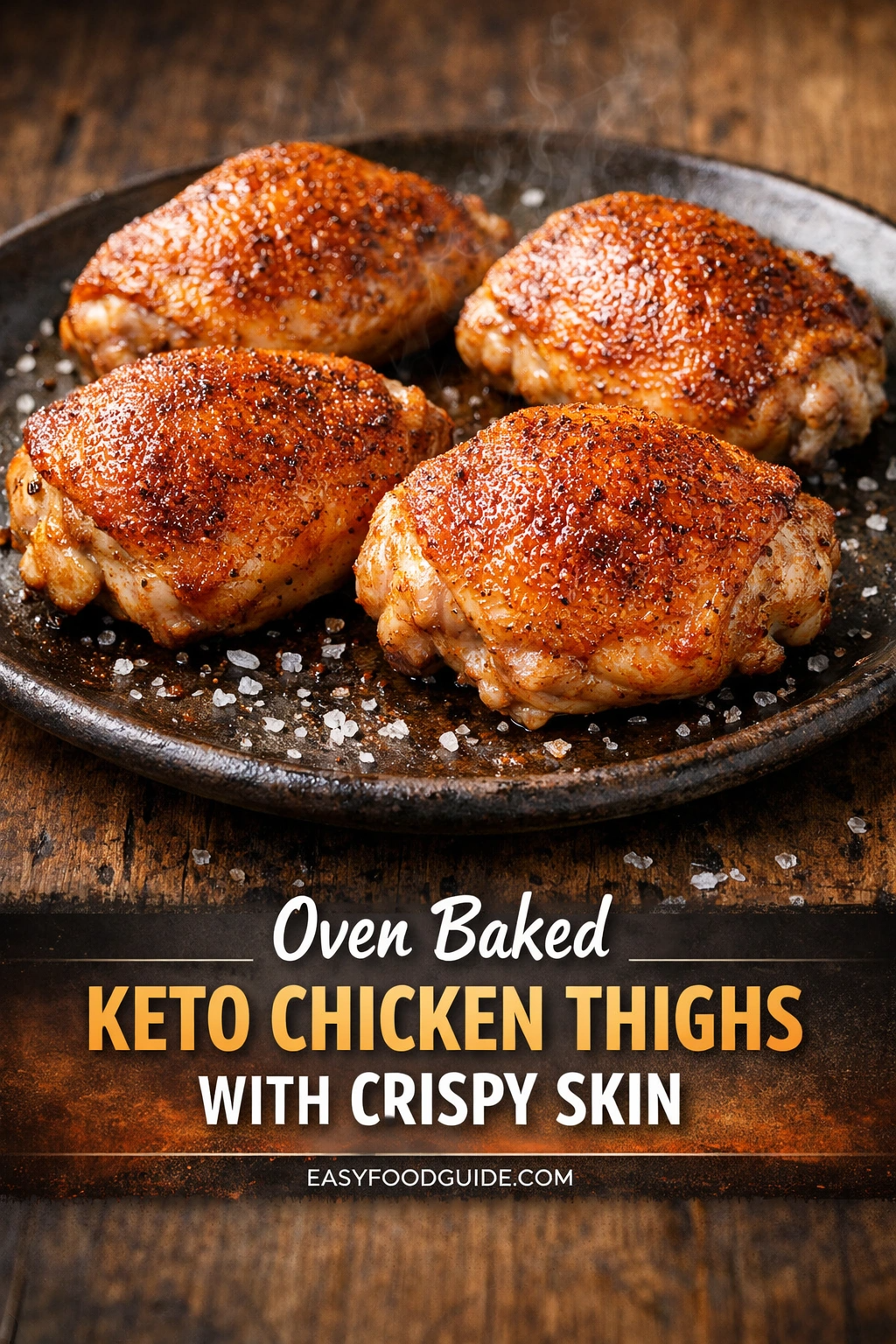 A photograph shows four oven-baked chicken thighs with incredibly crispy, spiced, golden-brown skin, resting on a rustic cast-iron plate. Steam rises from the hot food, set against a dark distressed wood background with scattered coarse salt crystals. Below the chicken, a text overlay on a fiery texture identifies the recipe: 'Oven Baked KETO CHICKEN THIGHS WITH CRISPY SKIN' and 'EASYFOODGUIDE.COM'.