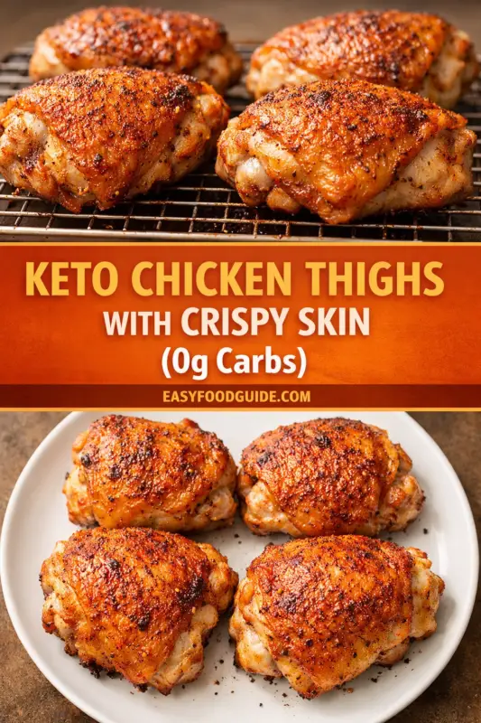 keto-chicken-thighs-2 Overhead collage image showing golden-brown baked chicken thighs with crispy seasoned skin. The top photo displays thighs on a wire rack, while the bottom photo shows four pieces arranged on a white plate. Center text reads “Keto Chicken Thighs With Crispy Skin (0g Carbs) easyfoodguide.com” in bold yellow and white lettering over an orange background.