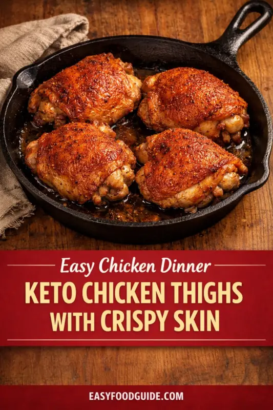 keto-chicken-thighs-3 Gemini said
A cast-iron skillet holds four golden-brown, seasoned keto chicken thighs with crispy skin, resting on a rustic wooden table next to a linen towel. Below, a red banner reads: "Easy Chicken Dinner" and "KETO CHICKEN THIGHS WITH CRISPY SKIN". The website "EASYFOODGUIDE.COM" is at the bottom right.