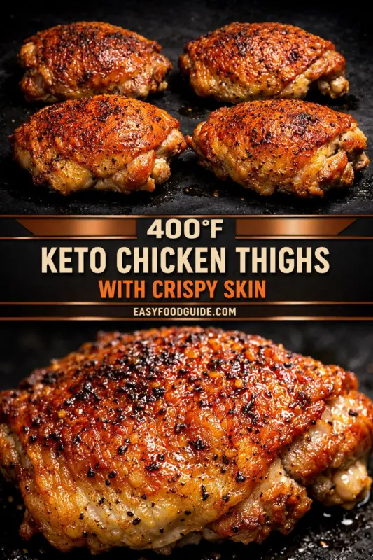 keto-chicken-thighs-4 A multi-panel food advertisement featuring crispy, seasoned keto chicken thighs. The top portion shows four thighs. A central banner reads "400°F KETO CHICKEN THIGHS WITH CRISPY SKIN" and "EasyFoodGuide.com". The bottom shows a close-up of a single thigh.