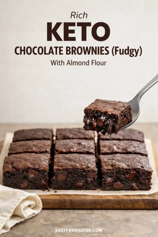 A fork holds a fudgy keto chocolate brownie above a wooden board with more brownies, emphasizing their rich texture. Text highlights almond flour use.