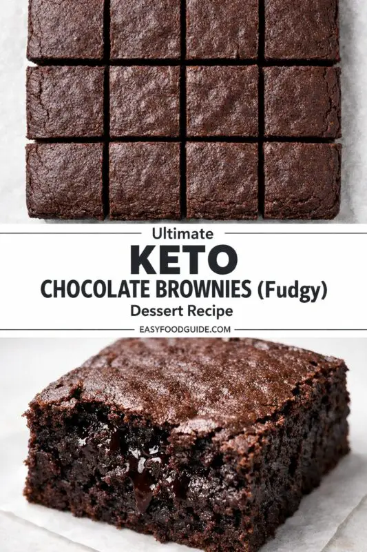 Nine fudgy keto chocolate brownies neatly arranged, showcasing a rich, dense texture. Text overlay highlights the dessert recipe.