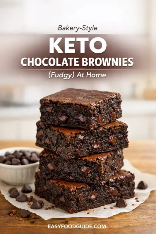 Stack of four fudgy keto chocolate brownies on parchment, with chocolate chips scattered. Text overlays read "Bakery-Style Keto Chocolate Brownies."