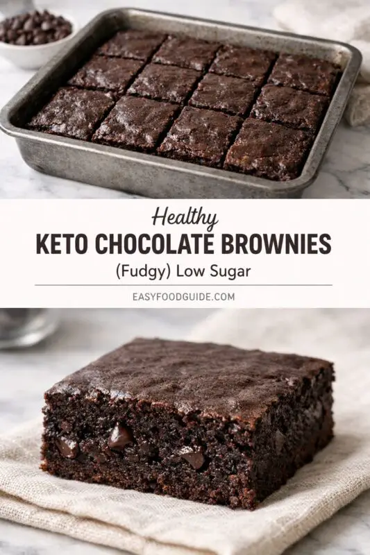 A baking pan with nine fudgy keto chocolate brownies, cut and ready to serve. Below, a close-up of a single moist brownie on a cloth napkin.