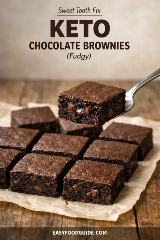 Fudgy keto chocolate brownies arranged on parchment paper, with one piece lifted by a spatula. Text overlay reads “Sweet Tooth Fix Keto Chocolate Brownies.”