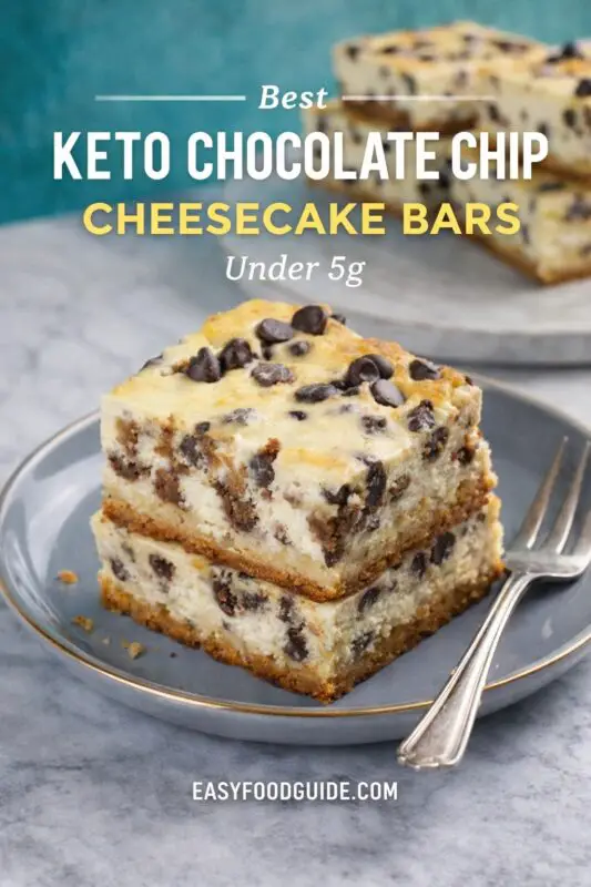 Two stacked keto chocolate chip cheesecake bars on a gray plate with a fork. Text overlay highlights they are under 5g carbs.