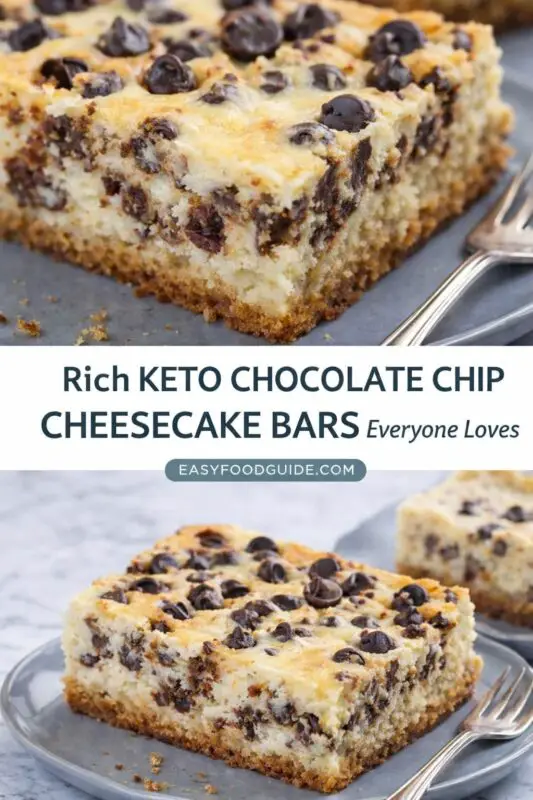 Close-up of a sliced keto chocolate chip cheesecake bar with a golden crust, dotted with chocolate chips. The text reads "Rich Keto Chocolate Chip Cheesecake Bars Everyone Loves." A fork is placed beside the bar, creating a tempting and indulgent tone.