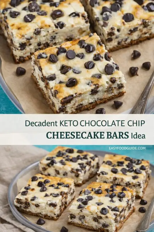Close-up of keto chocolate chip cheesecake bars on a tray, topped with dark chocolate chips. The bars are creamy with a golden brown crust.