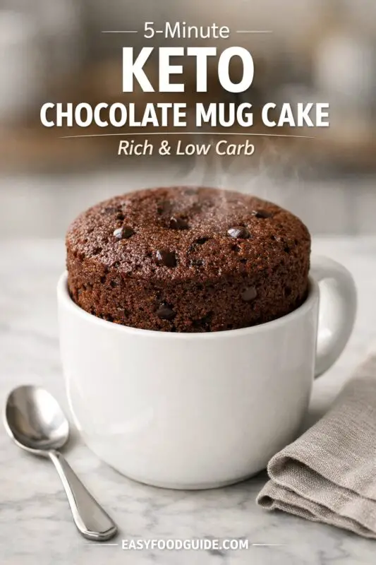 Steaming keto chocolate mug cake with chocolate chips rises above a white mug. Text reads "5-Minute Keto Chocolate Mug Cake, Rich & Low Carb." A spoon and napkin are nearby.