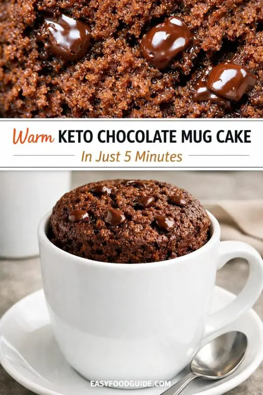 Close-up of a warm, chocolate mug cake topped with glossy chocolate chips, in a white mug on a saucer with a spoon, promoting a 5-minute keto recipe.