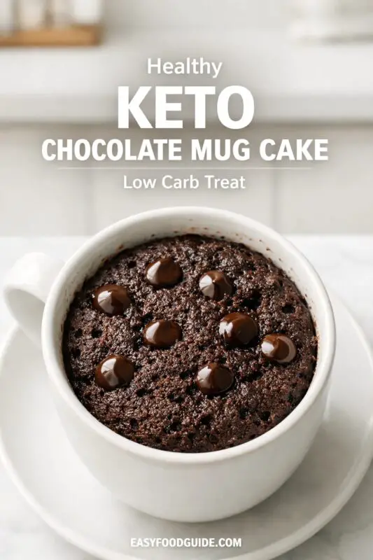 White mug filled with rich, chocolate keto mug cake topped with glossy chocolate chips. Text overlay reads "Healthy Keto Chocolate Mug Cake, Low Carb Treat."