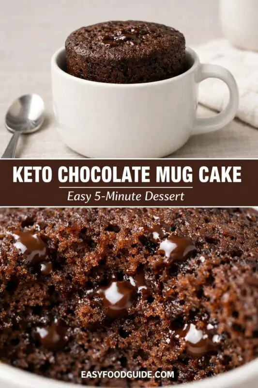 Keto chocolate mug cake in a white mug with melted chocolate chips, on a light cloth. Text overlay says "Keto Chocolate Mug Cake, Easy 5-Minute Dessert."