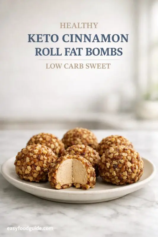 Plate of six keto cinnamon roll fat bombs, coated in chopped nuts, one with a bite showing creamy center. Soft lighting, text above describes them as healthy and low-carb.