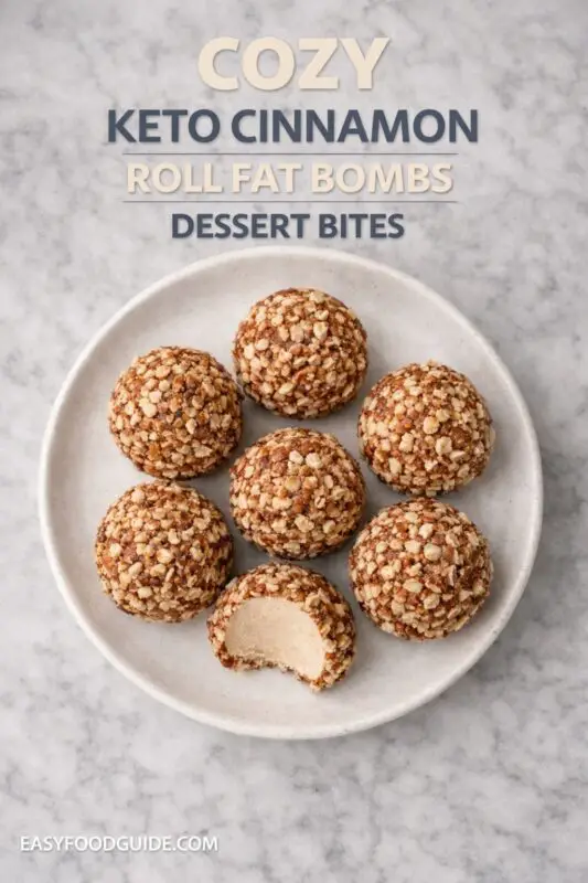 Plate with seven keto cinnamon roll fat bombs, one with a bite, on a marble background. Text above describes the dessert as "Cozy Keto Cinnamon Roll Fat Bombs."